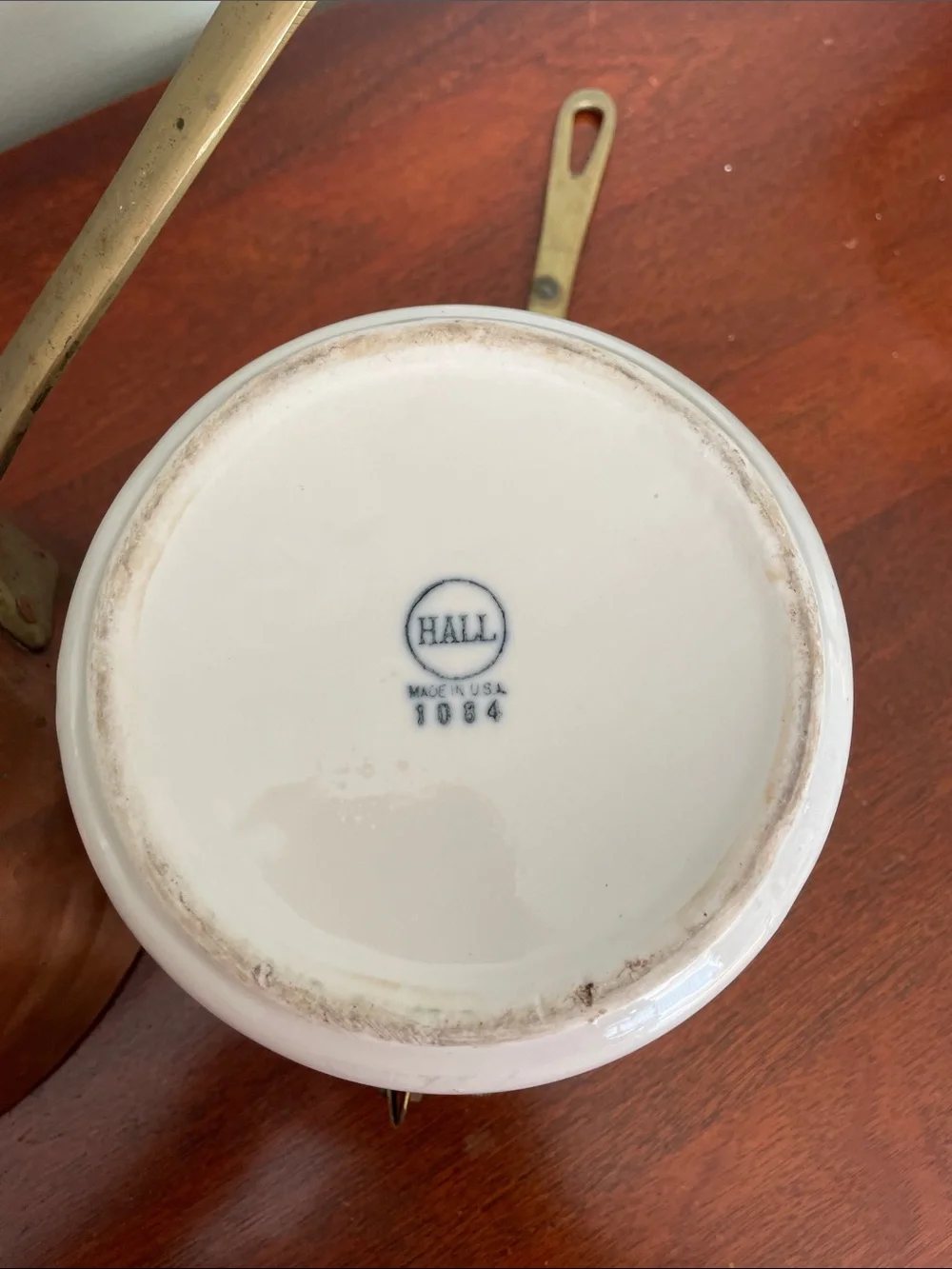 Vintage Hall 1084 Ceramic and Copper Double Boiler Brass Handles 3 Piece Set